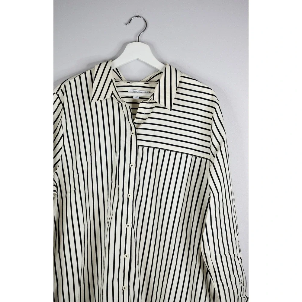 Chico's Shirt Dress Womens 3.5 (US 18) Ivory Black Stripe Excellent Cotton Maxi - Picture 2 of 7